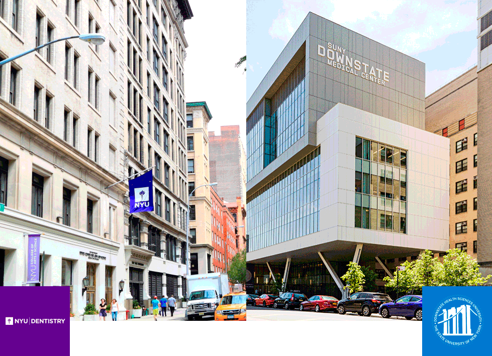 Collage featuring outsides of buildings at New York University and SUNY Downstate Medical Center